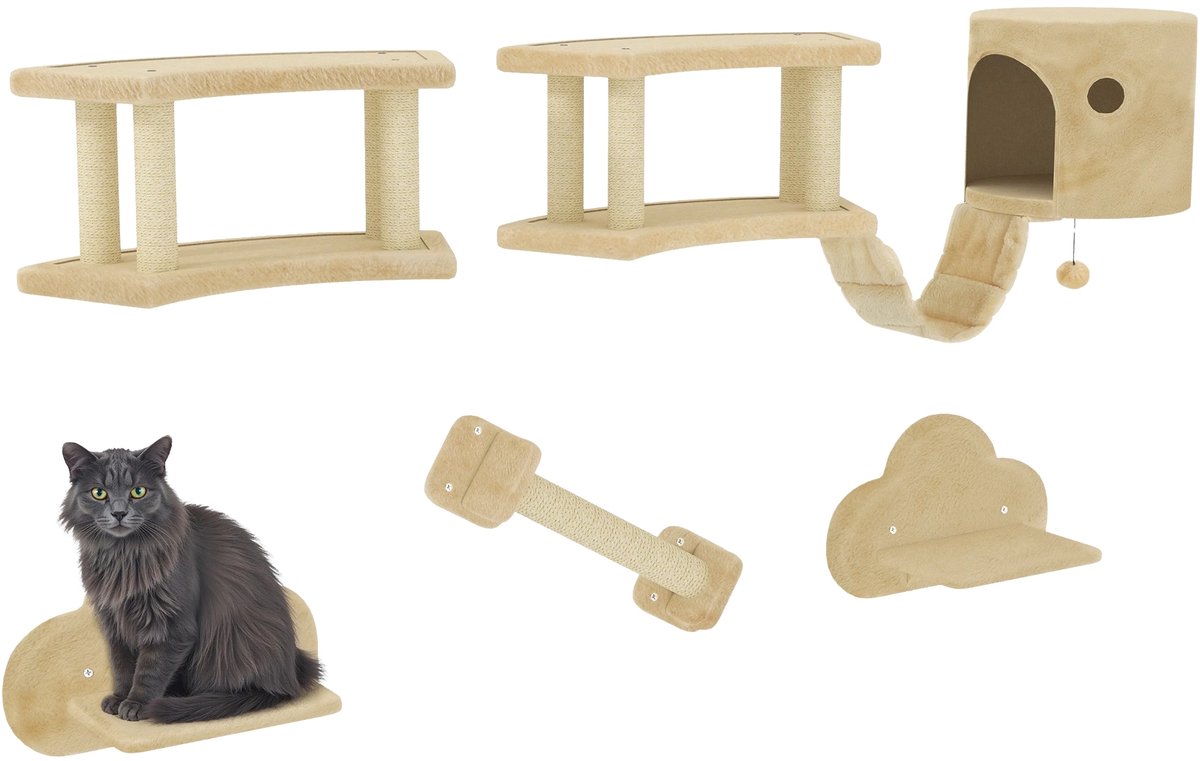 5-Delige Katten Klimwand Set – Met Krabpaal, Springplatformen, Ladder & Kattenhuis – Beige
