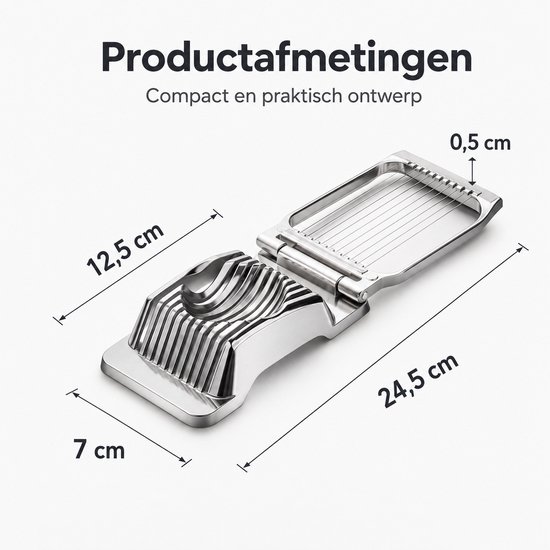 Afmetingen van een zilveren eiersnijder: 24,5 cm lang, 12,5 cm breed, 7 cm diep, met een draaddikte van 0,5 cm.