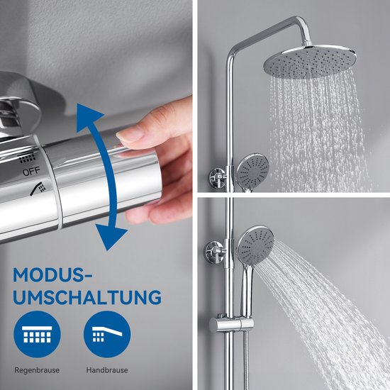 Collage van douchefuncties: Hand bedient thermostaatkraan (Modus Umschaltung), regen- en handdouche in gebruik.