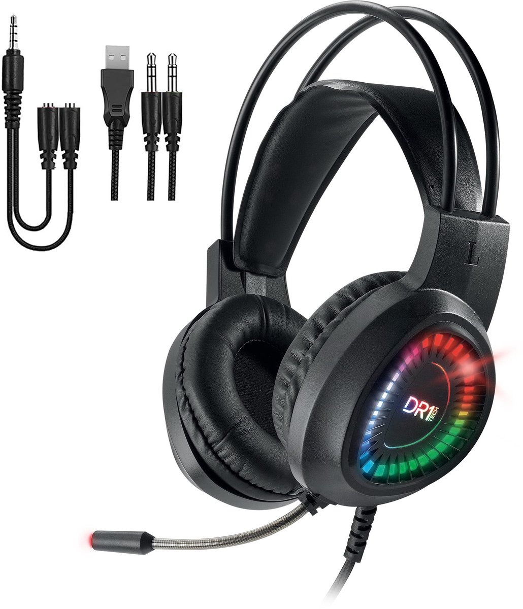 SnelShoppen - DR1TECH Firescout LED Hoofdtelefoon met Kabel en Microfoon voor PC | Over-Ear 40mm Stereo Hoofdtelefoon met USB en Dubbele Aansluiting +