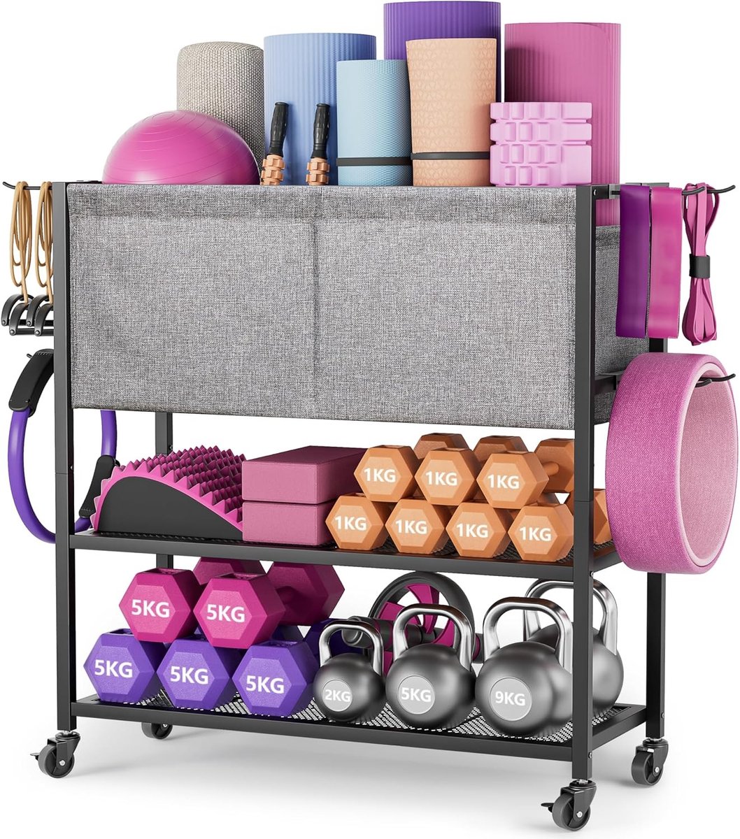 Yogamat Houder voor Fitnessapparatuur - Opbergrek met Wielen voor Yogamatten, Dumbbells en Kettlebells, Draagt tot 90kg met 360° Wielen en 6 Haken voor Thuisgebruik