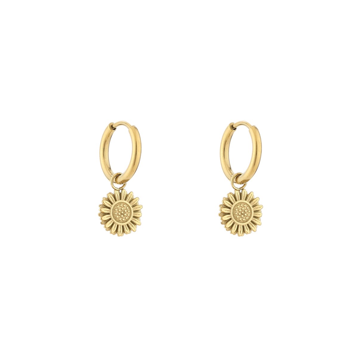 Stainless Steel Reliëf Bloem Plaatje Bedel Oorringen – Botanische & Trendy Hoops – RVS - Goud