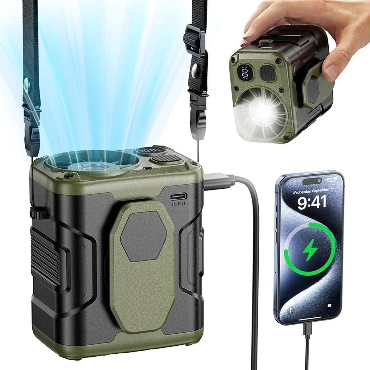 Archi Draagbare Heupventilator – Ventilatie - 5 Snelheden – Powerbank – LED-Verlichting – Nekkoord – Voor Buitenwerk - Groen