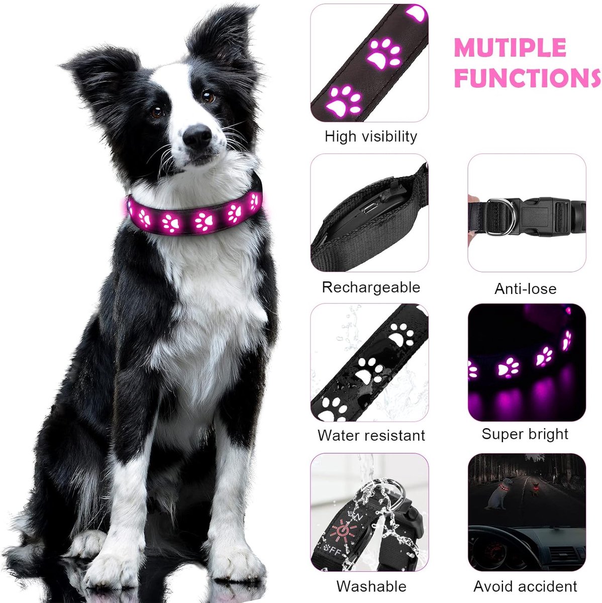 SnelShoppen - Luminous Hondenhalsband LED Verlicht, USB Oplaadbaar, Waterdicht voor Kleine, Middelgrote en Grote Huisdieren, Verstelbare Veiligheidsha