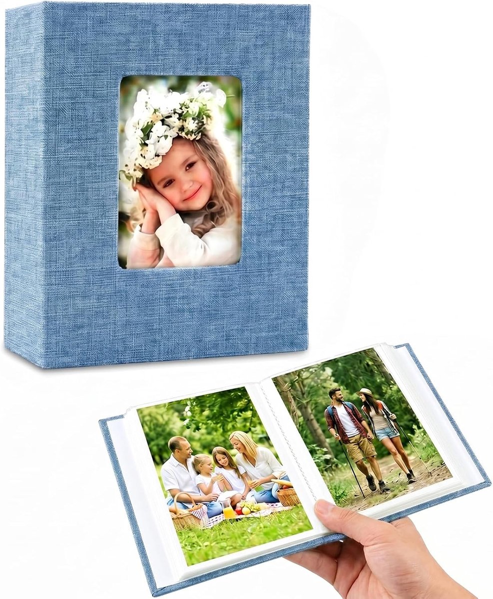 SnelShoppen - Fotoalbum 100 foto's insteekalbum blauw 10x15cm - Linnen fotoboek met venster - Herinneringen, Reizen, Bruiloft, Vakantie, Mini-fotoalbu