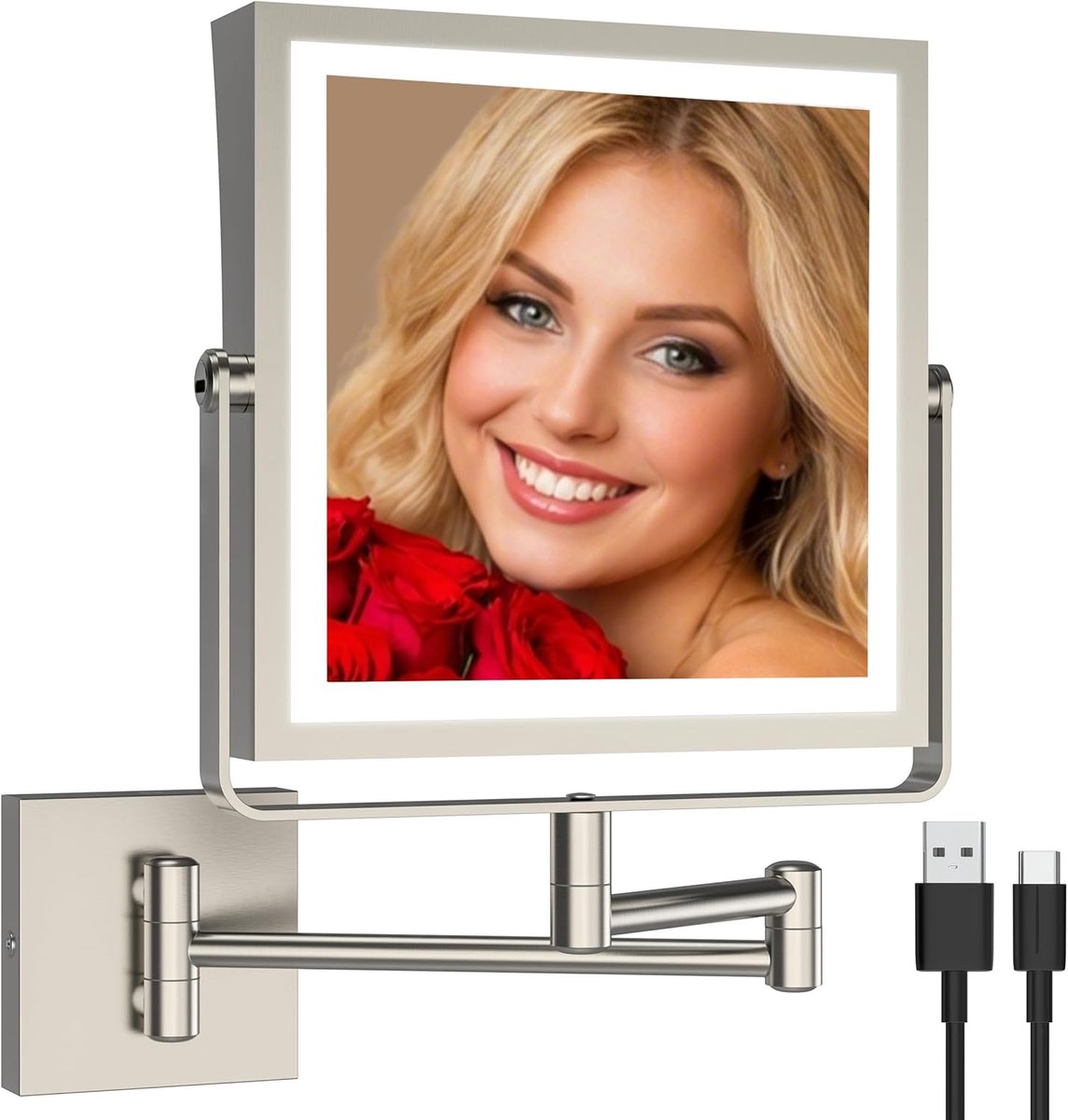 SnelShoppen - Wandmake-upspiegel met Verlichting - Dubbelzijdige 1X/10X Vergroting - Dimbare Touchscreen met 3 Kleuren Licht - 360° Rotatie en Vouwarm