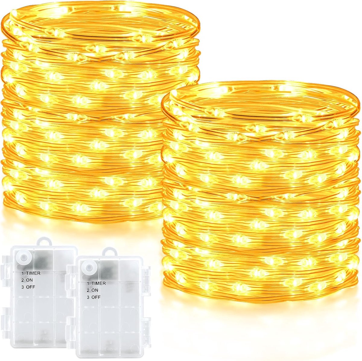 SnelShoppen - 2x 10m LED Feestverlichting Waterdicht Warm Wit met Timer voor Buiten, Kerst, Bruiloft, Tuin, Partijen, Flexibel Koper Draad, 100 Lampje