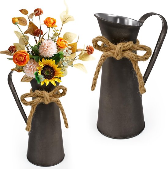 SnelShoppen - 2 Stuks Vintage Metalen Bloemenvase Melkkan Pot - Shabby Chic Decoratieve Vazen voor Bruiloft, Tuin en Woonkamer - Hoogwaardige Gegalvan