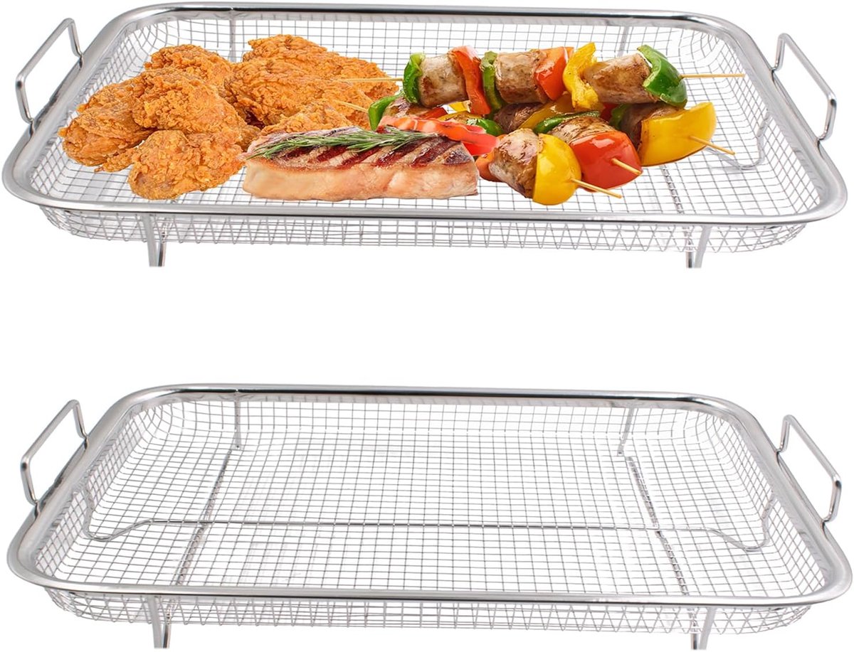 SnelShoppen - 2x Grill Basket RVS - Oven Grillmand met Handvatten - Grillplaat voor Groenten, Vlees, Vis, Kip - 30x22x5.5 cm - Duurzaam en Hittebesten