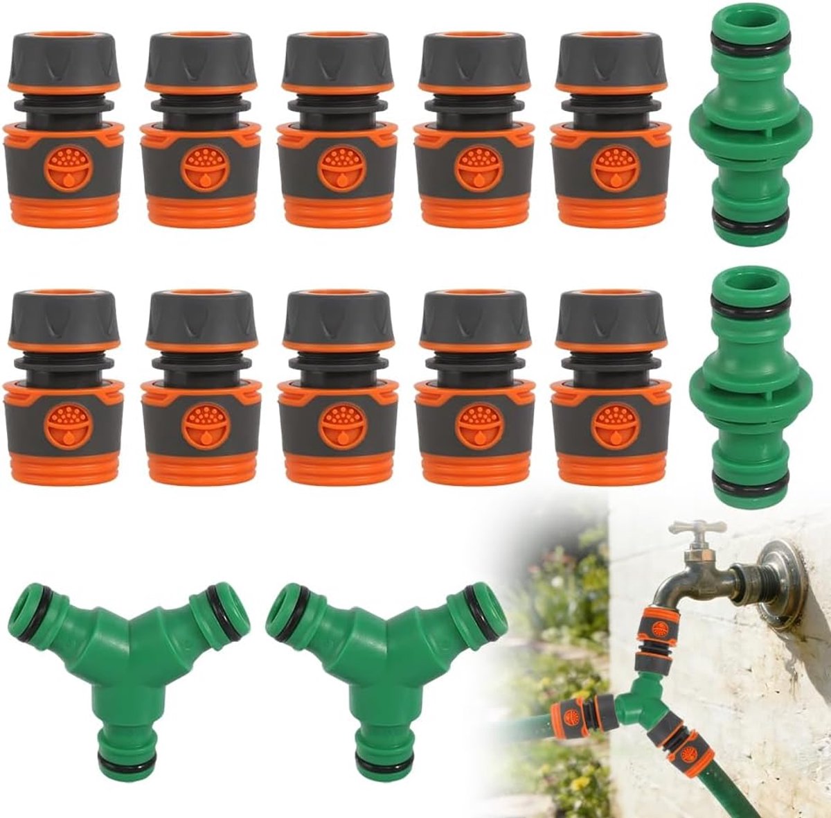 SnelShoppen - 14-delig Schlauchverbinder Set 1/2 Zoll met 2 Y-Splitters, 2 Dubbele Stekkers, Dicht en Duurzaam, Perfect voor Tuinbewatering, Autowasse