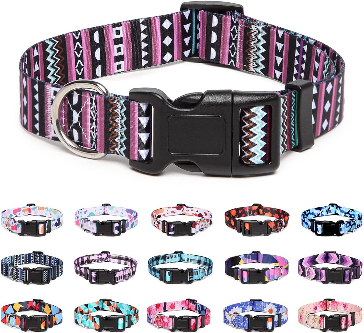 SnelShoppen - Verstelbare Nylon Hondenhalsband met Patroon, Zachte Comfortabele Hondenband voor Kleine, Medium en Grote Honden in Bohemian Paars, Perf