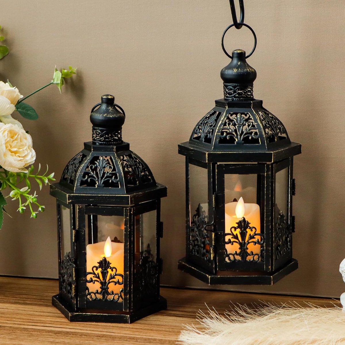 SnelShoppen - Set van 2 Decoratieve Hanglampen, 24 cm Hoog, Metalen Kaarsenhouders met Tempered Glas, Vintage Zwart met Gouden Borstel, voor Thuisdeco