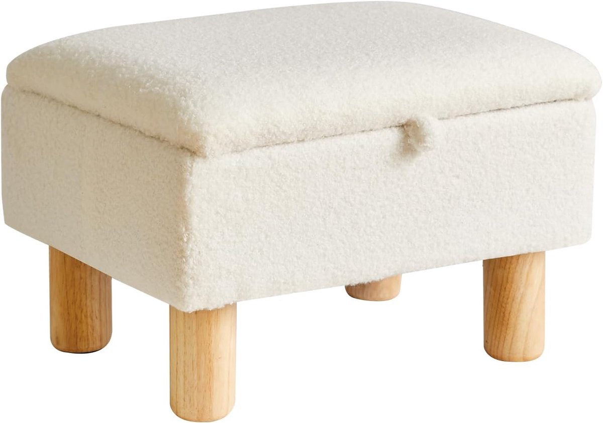 SnelShoppen - Aibiju Kleine Opbergpoef met Faux Teddy Vacht, Houten Poten, Rectangulaire Zithocker voor Woonkamer, Slaapkamer, Entree, Kantoor, Wit YD