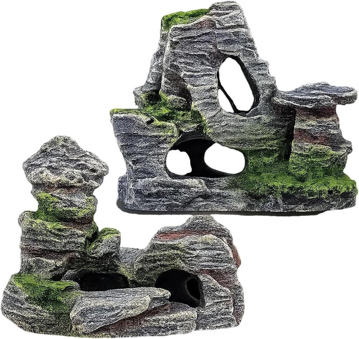SnelShoppen - Grass Design Aquarium Cave 2 Piece Set - Natuurlijke Kunststof Vis en Garnaal Schuilplaats - Decoratie met Berglandschap voor Aquatische