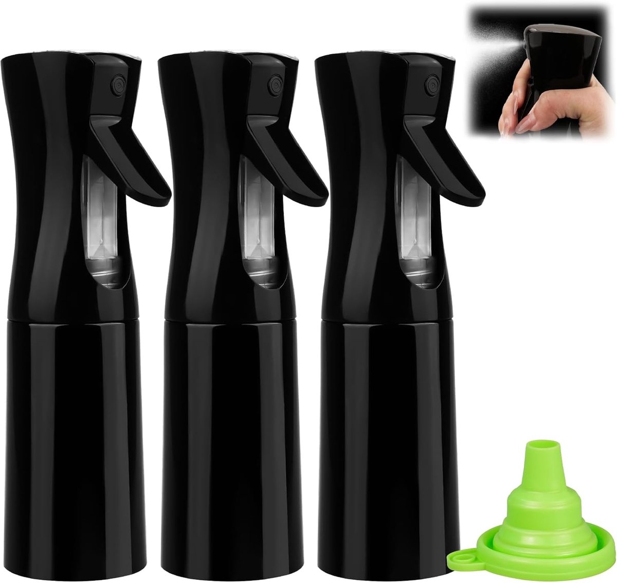 SnelShoppen - Pack van 3 Lege Sprayflessen 200 ml Zwart met 1 Vouwbare Trechter, Ultra-Fijne Spray voor Haar Salon, Botanische Hydratatie en Schoonmaa
