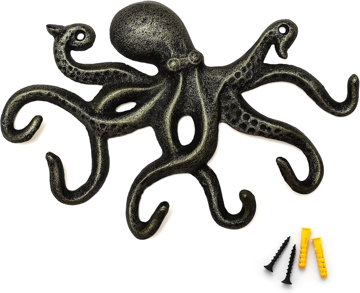 SnelShoppen - Vintage Wandhaak Octopus Kapstokhaak Gietijzer met 6 Haken - Bronzen Kleur voor Sleutels, Handtassen, Kleding, Tassen en Decoratie