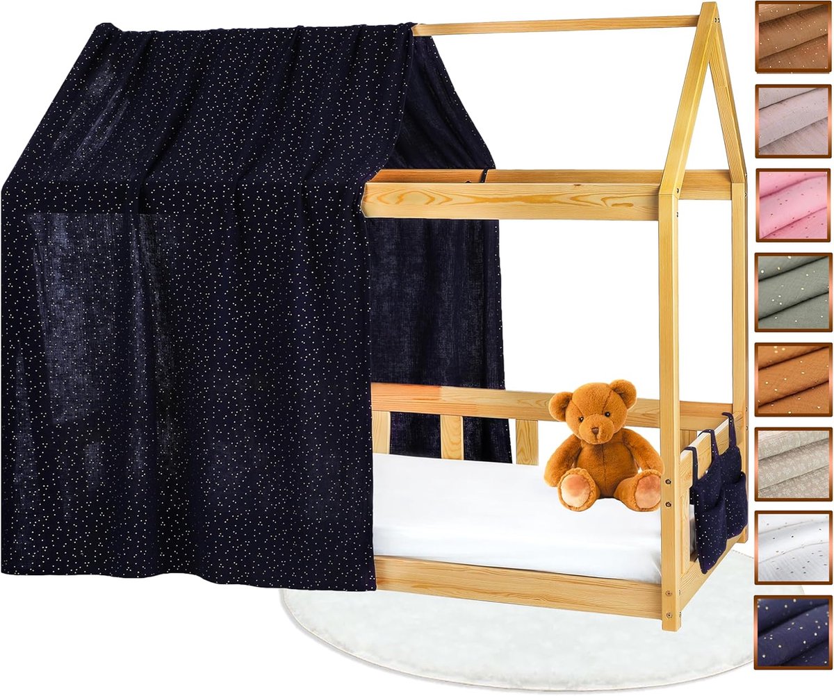 SnelShoppen - Canvas Hut Bed voor Kinderen, 100% Katoen, Chiffon, Canopy Bed, Geschikt voor Jongens en Meisjes, Midnight Blue/Goud, Inclusief Tas, Ide