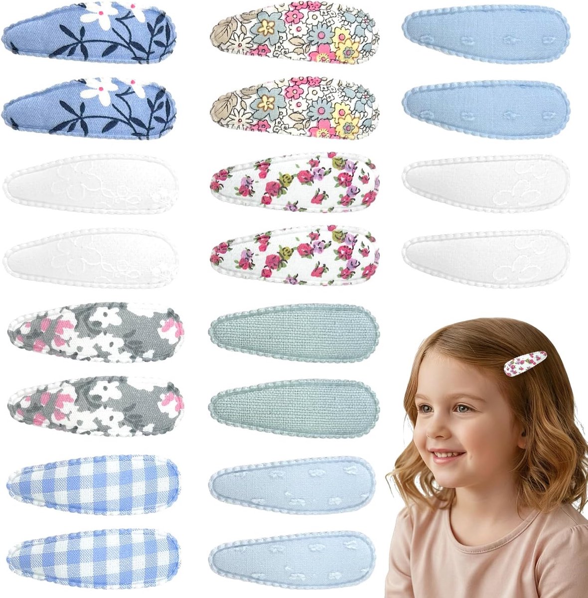 SnelShoppen - 20 Haarspeldjes voor Meisjes, Bloemen en Strikken Haaraccessoires voor Baby's, Kinderen en Peuters (Wit+Blauw)