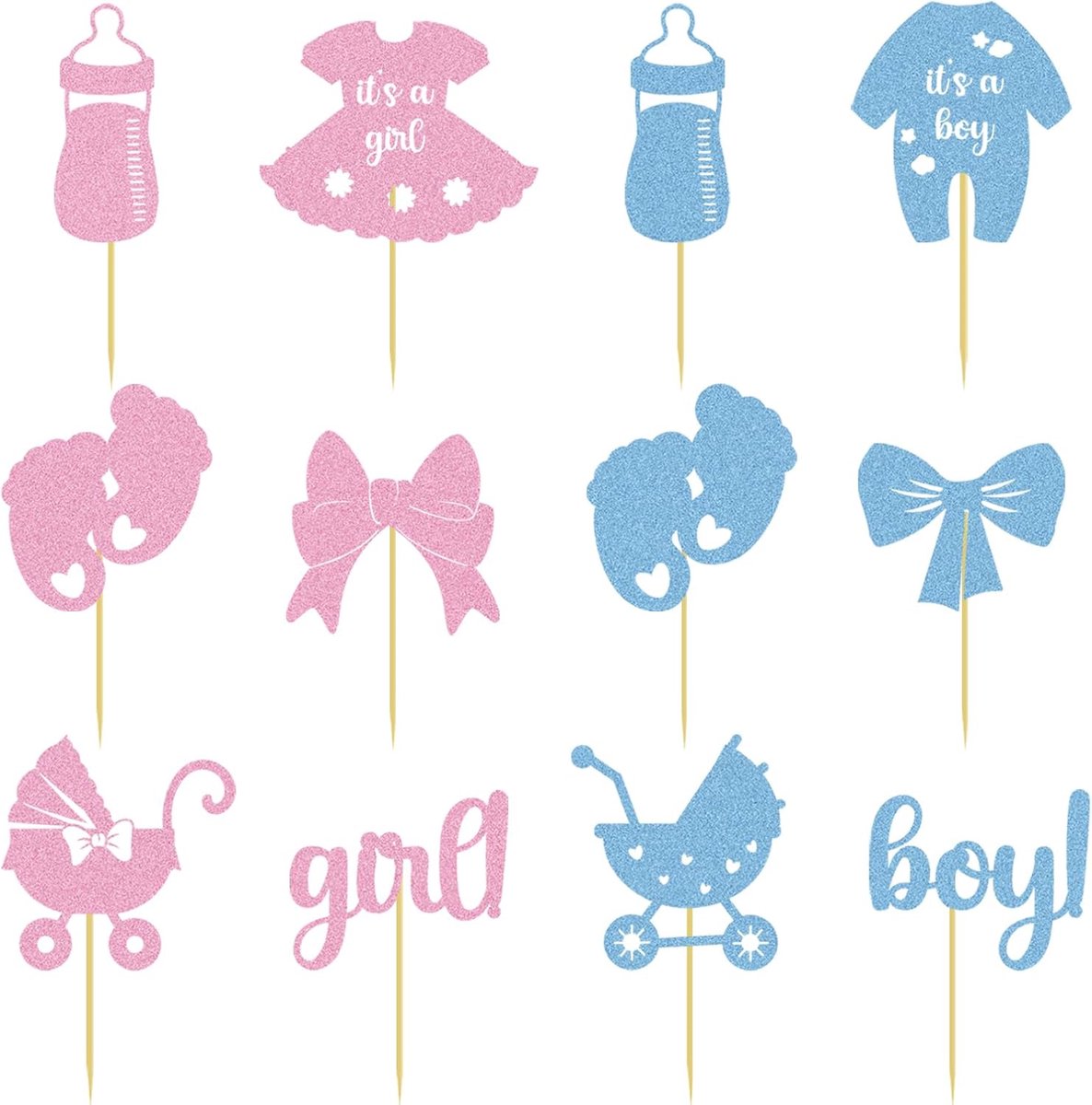 SnelShoppen - 24 stuks cupcake decoratie gender reveal met glitter, papier flessen, strikken, rompers, broeken, jurken en voetjes voor baby feestjes,
