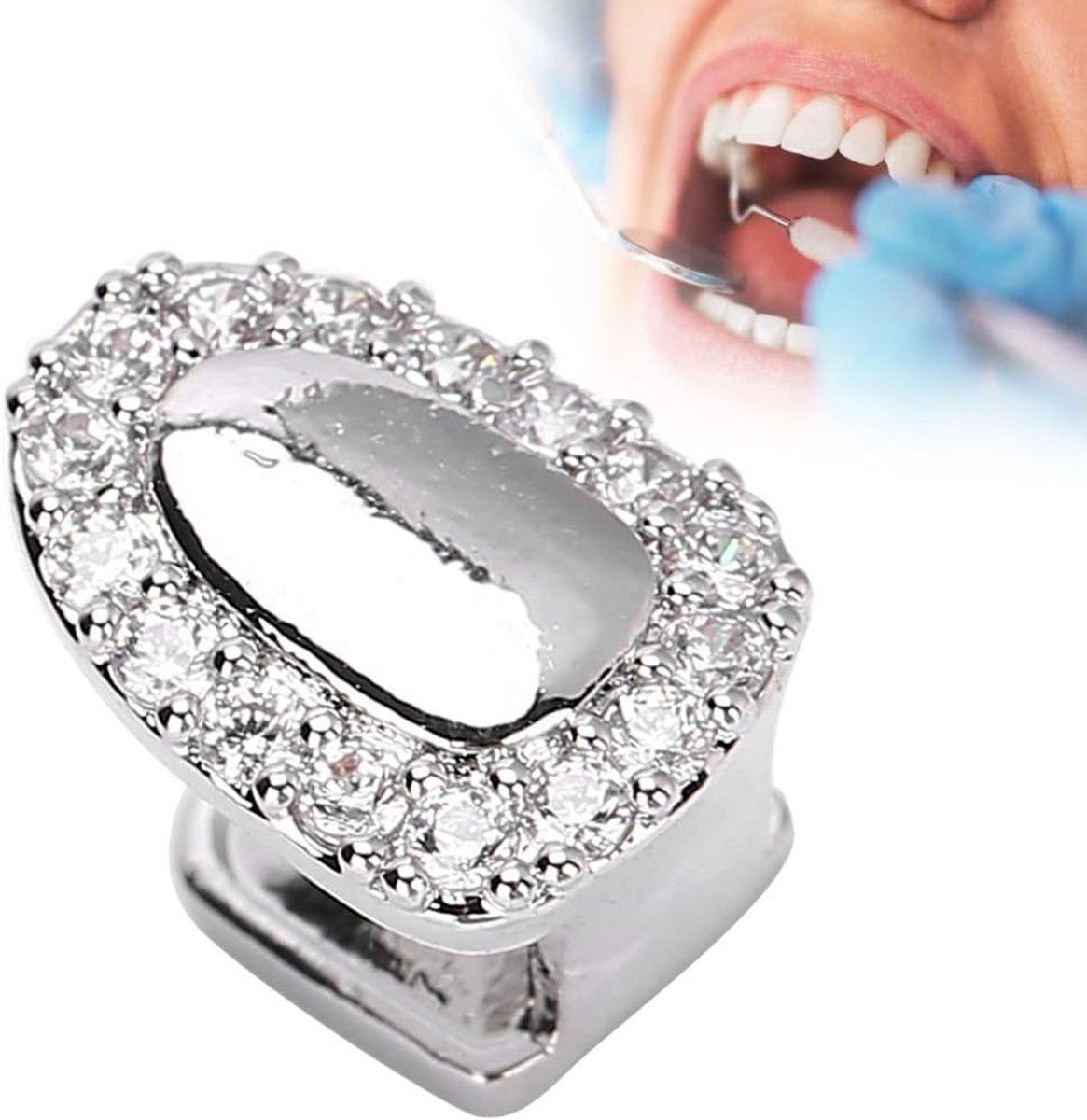 Single Hip Hop Tand Bling Goud Geplateerd met Diamant Ronde Cap voor Tanden - Hip Hop Sieraden - Mannen Vrouwen (Zilver Diamant)