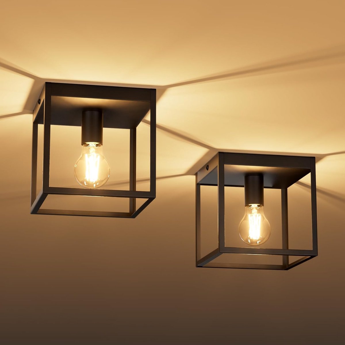 SnelShoppen - 2 Stuks Vintage Zwart Plafondlamp E27 Retro Industrieel, Metalen Hanglamp voor Hal, Slaapkamer, Woonkamer, Keuken, 20 cm Hoog