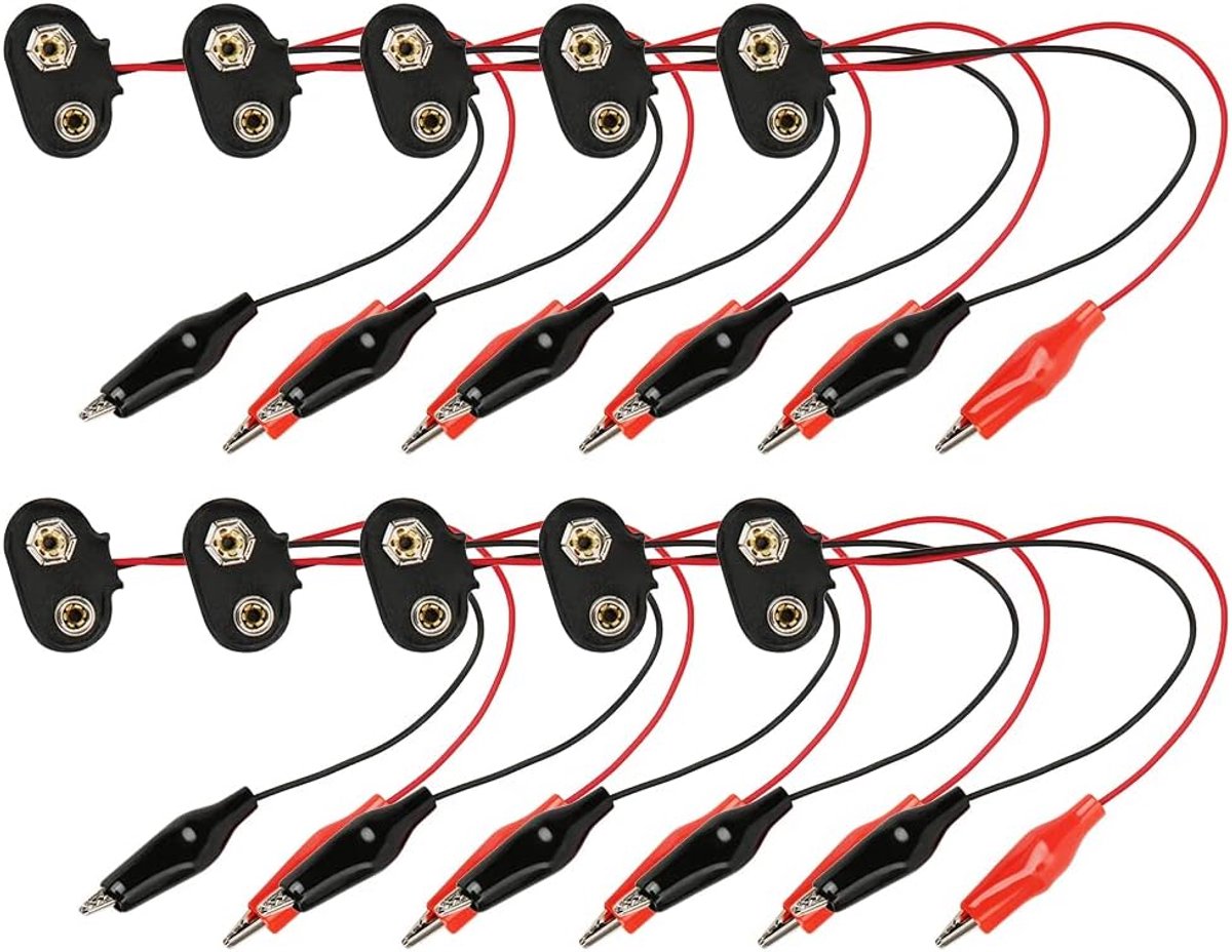 SnelShoppen - 10 Stuks 9V Batterij Snap Connectoren met Krokodillenbek Kabels - 150mm Duurzame Snap Connectoren - Geschikt voor 9V Batterijen - Zwart