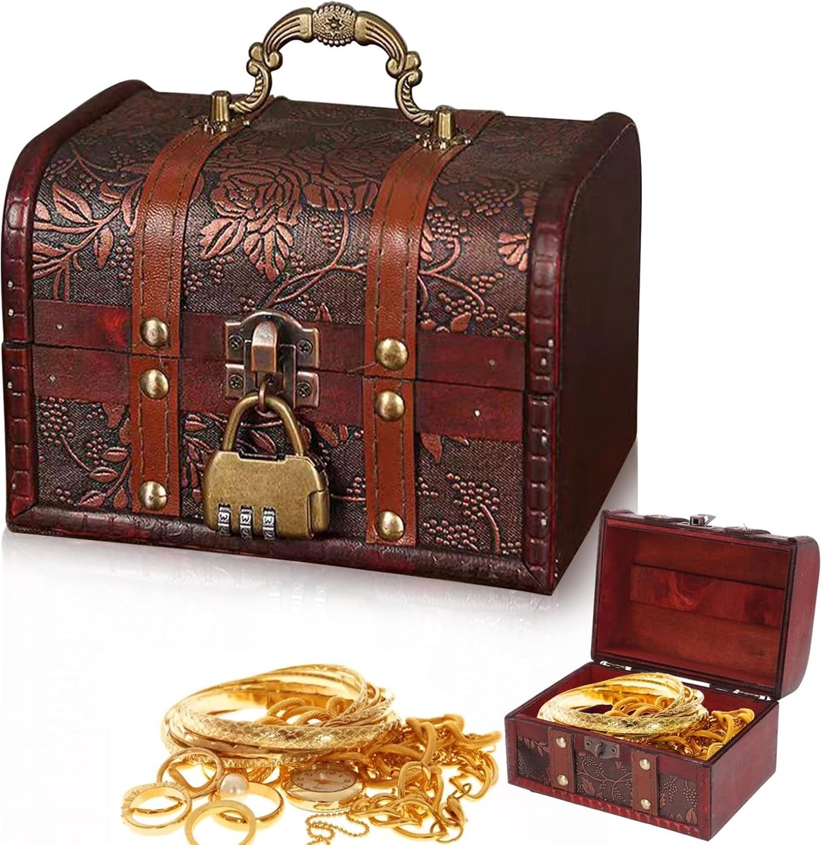 SnelShoppen - Vintage Houten Schatkist met Slot voor Kinderen - Mini Treasure Chest voor Opslag en Decoratie - 16 x 12 x 11 cm - Perfect voor Verjaard