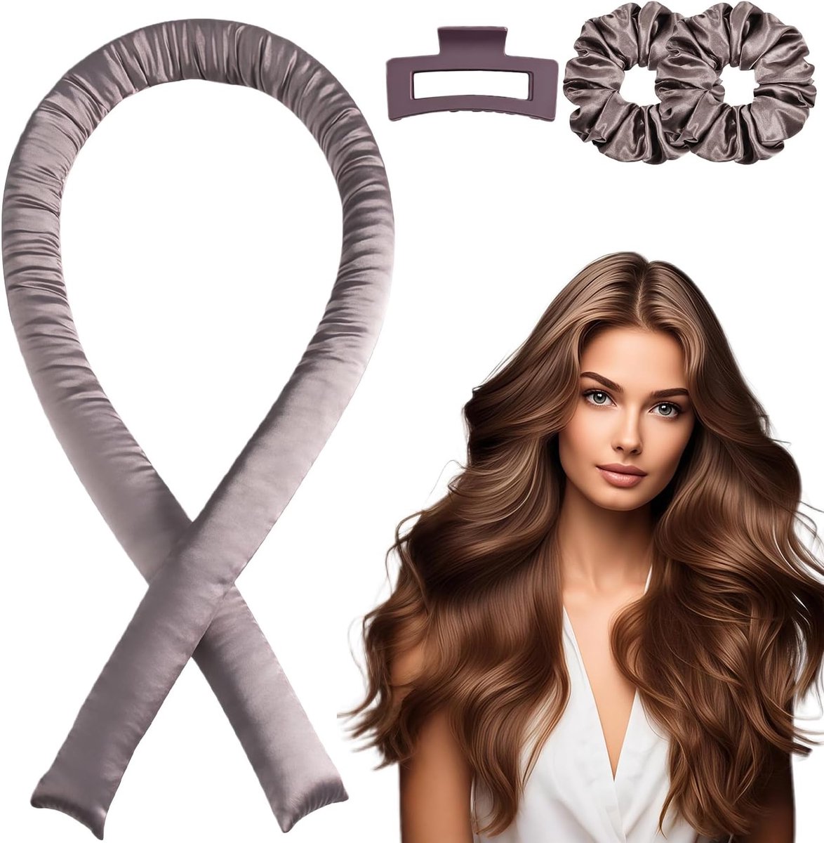 SnelShoppen - Heatless Hair Curler Set voor Droomgolf Haar Krullen zonder Hitte, Ideaal voor Lang Haar, Overnacht Styling, Donkerbruin, Haarbeschermin