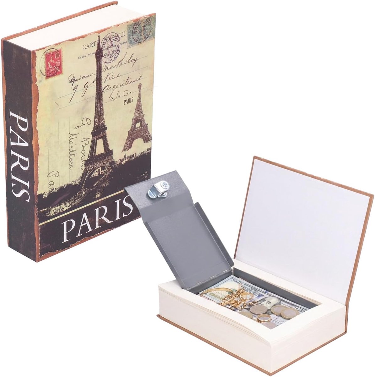 SnelShoppen - Tissting Boek Kluis met Sleutelslot, 22 x 15 x 4.5 cm, Verstevigd en Discreet, Parisian Diversion Tower, Veilig Geldopslag voor Thuis en