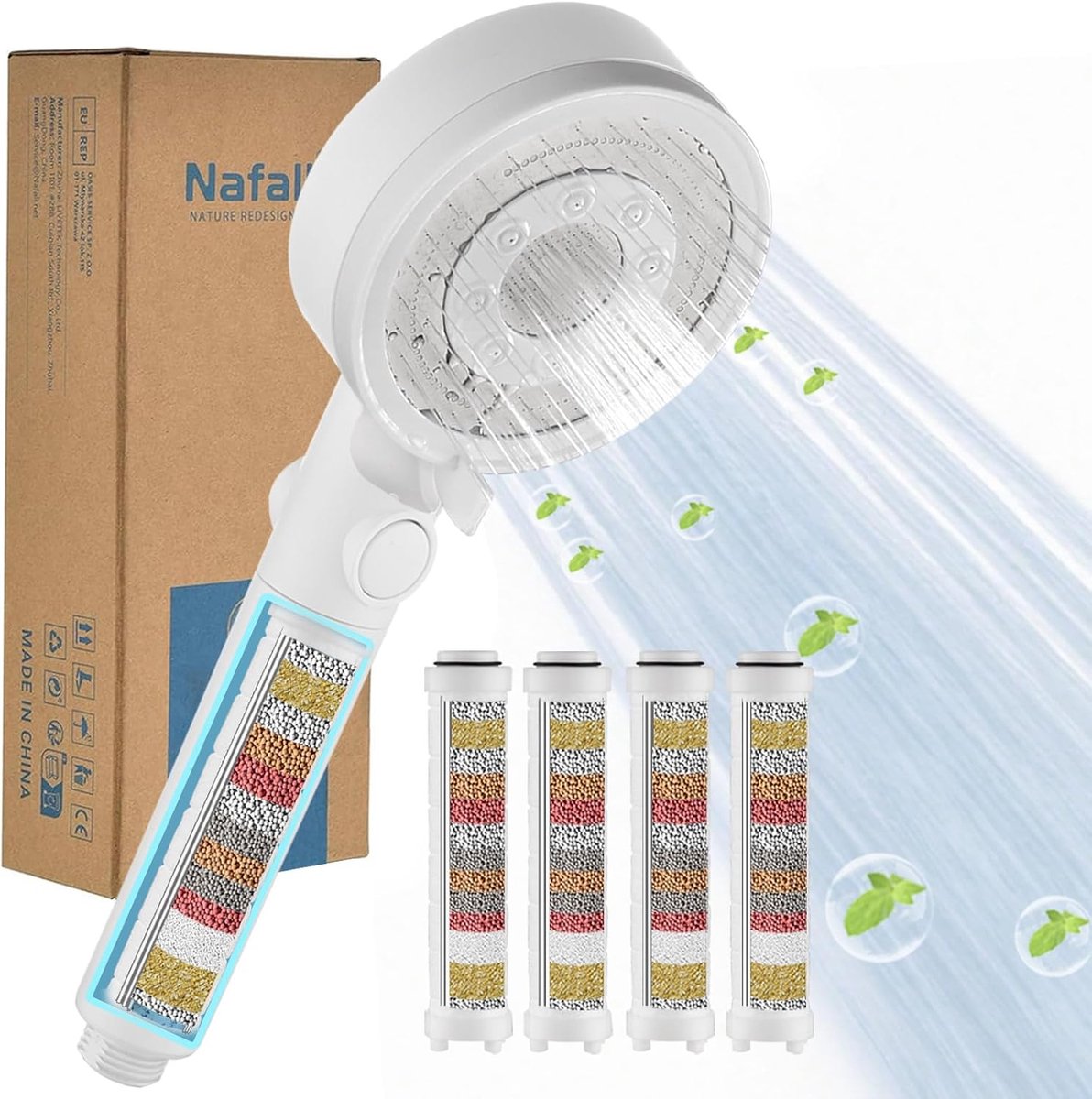 SnelShoppen - Hoge Druk Handdouche met 4 PP Filters, Waterbesparende Douchekop, 5 Spray Modus, Witte Handdouche met Pauzefunctie, 6 l/min