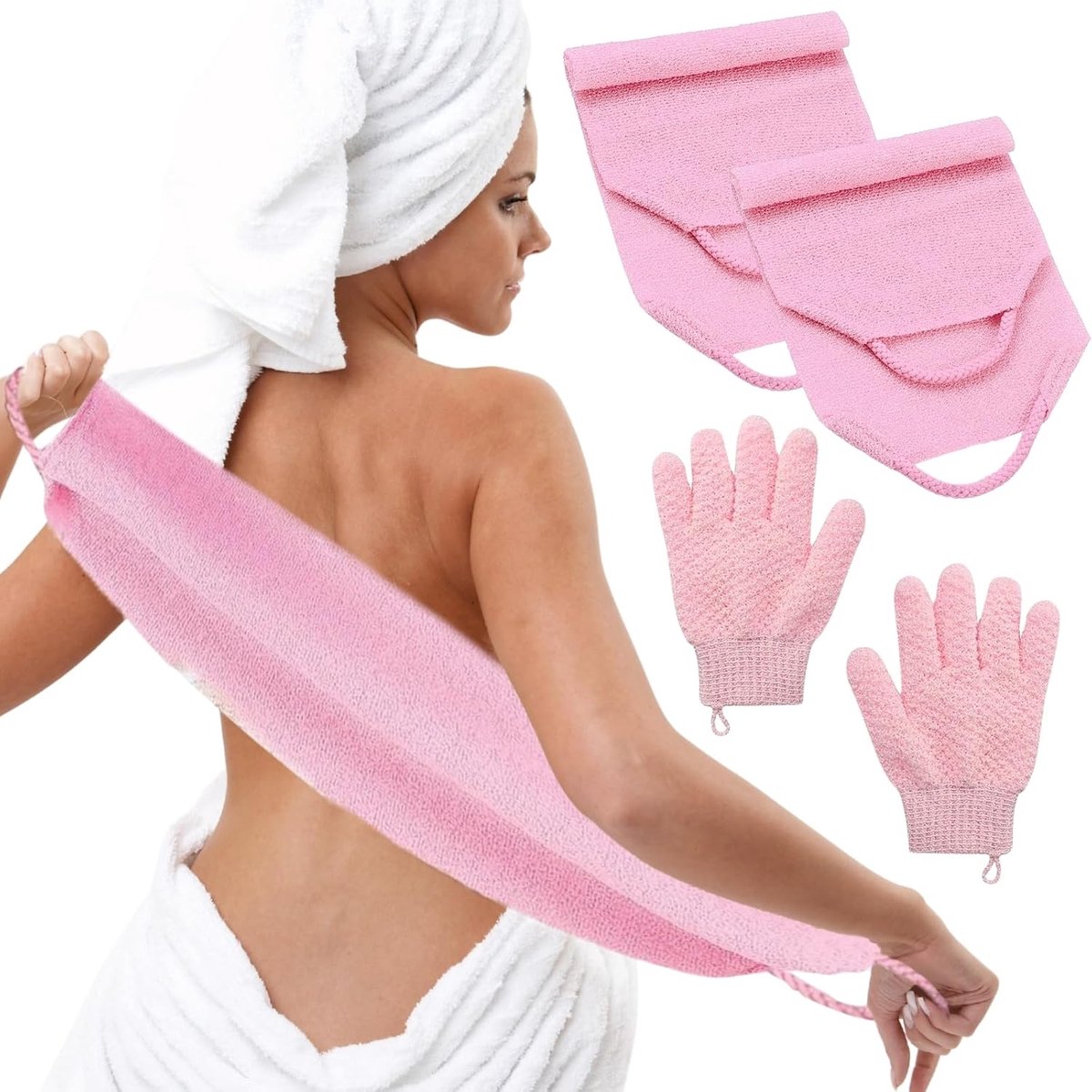 SnelShoppen - Body Peeling Handschoenen en Rugborstels Set - 2 Peeling Handschoenen en 2 Lange Rugborstels - Douche Scrub voor Lichaam, Gezicht en Bad