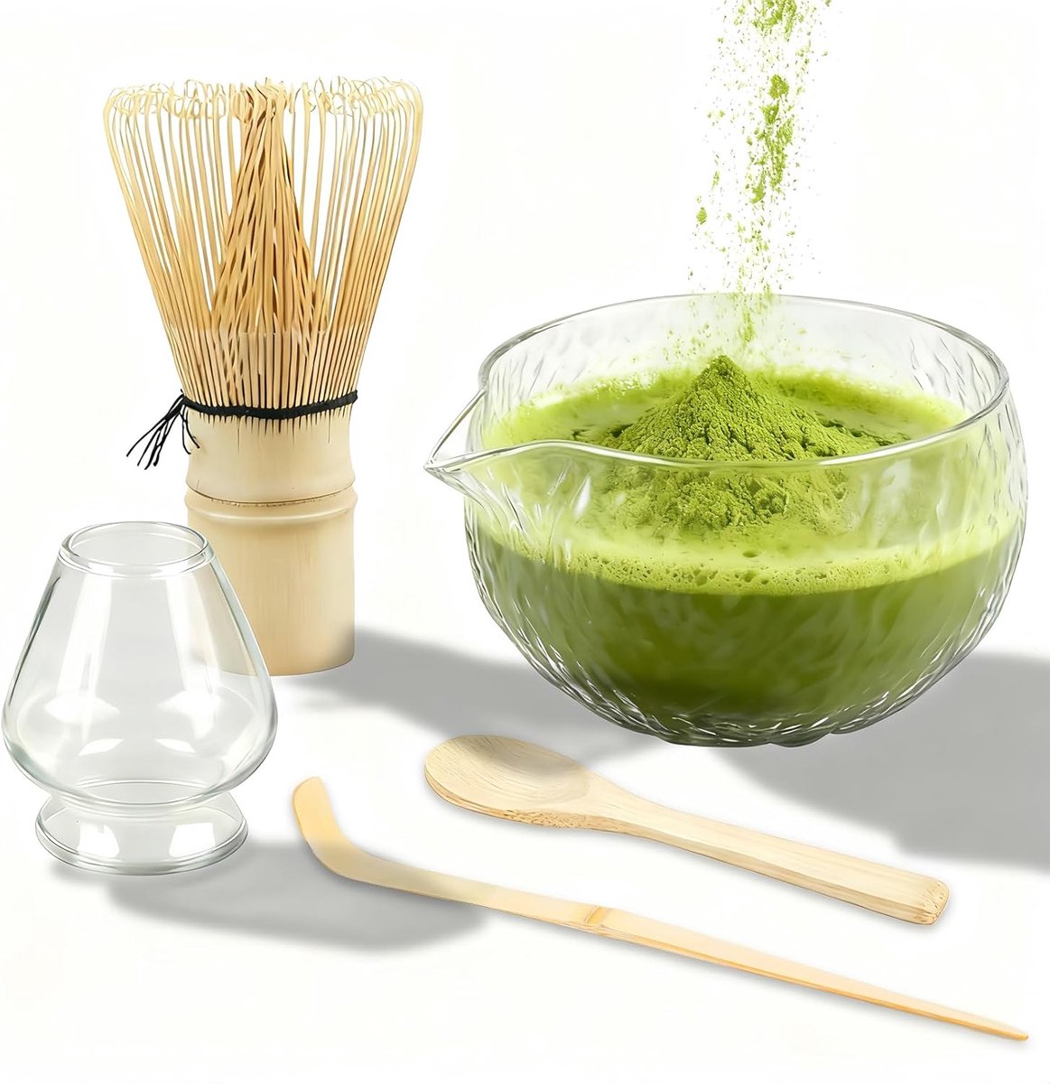 SnelShoppen - Matcha Set 5-Piece - Premium Japanse Theeceremonie Set met Glazen Kom met Spout, Bamboe Matcha Klopper, Broomhouder en Lepel, Perfect vo