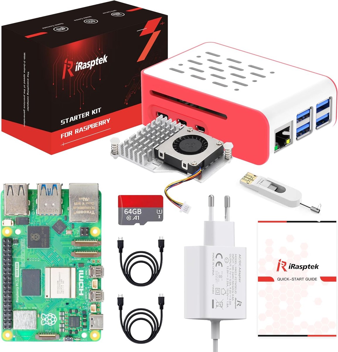 SnelShoppen - Raspberry Pi 5 Starter Kit met 16GB RAM, OS-Bookworm 64GB Voorgeïnstalleerd, Rood en Witte Behuizing, Ideaal voor AI, Virtualisatie en 4
