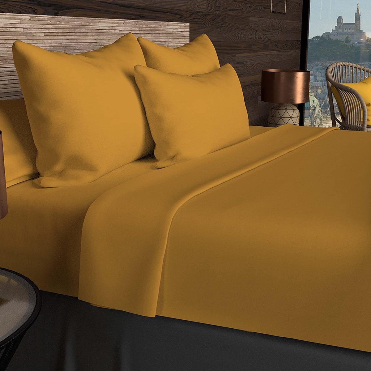 SnelShoppen - Katoenen Fitted Sheet 200x200cm - Mustard Geel - 57 Draad - Perfect voor Bedden, Feest, Camping en Meer