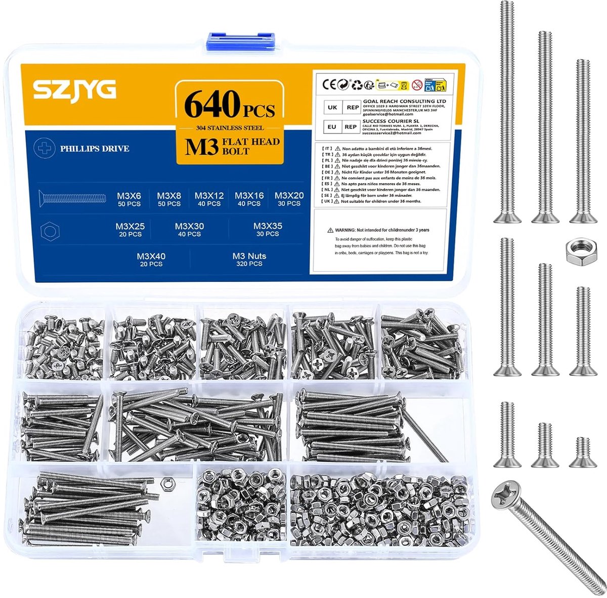 SnelShoppen - 640 Pcs M3 Schroeven Set, GeCountersunk Hoofd Schroeven, RVS Moeren, Plat Hoofd Schroeven met Moeren, Phillips Hoofd Machine Schroeven A