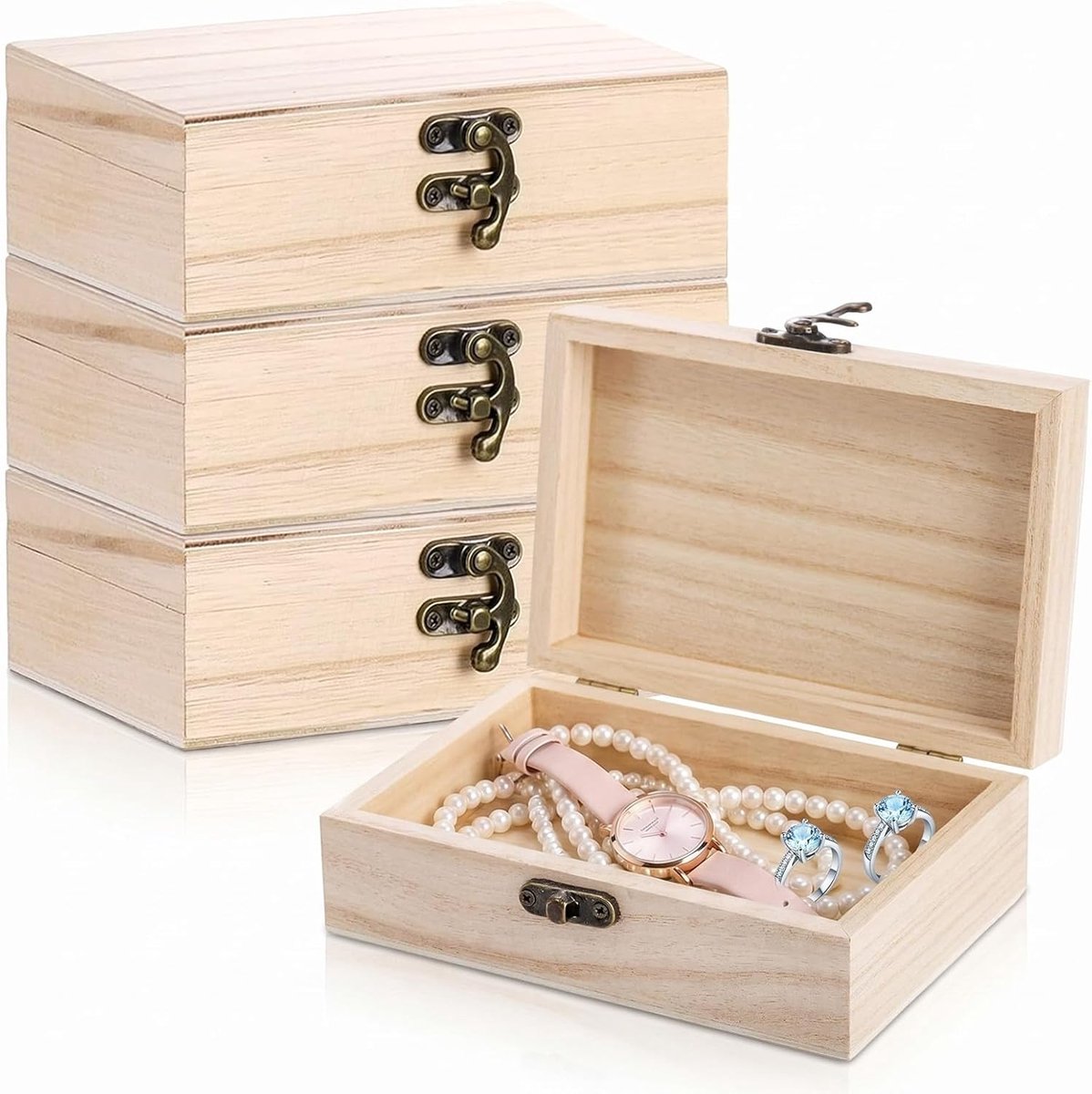 SnelShoppen - 4 Stuks Houten Doosjes met Deksel - 15x10x5cm - DIY Herinneringsdoos, Opbergdoos met Scharnieren voor Feest, Camping, Kinderen, Tuin, Ke