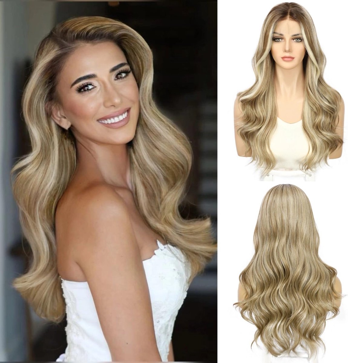 SnelShoppen - Blonde Lace Front Wig 13x4 - 22 Inch Body Wave Haar - Synthetische Perucque met Hoogtepunten voor Feest, Kerst en Dagelijks Gebruik