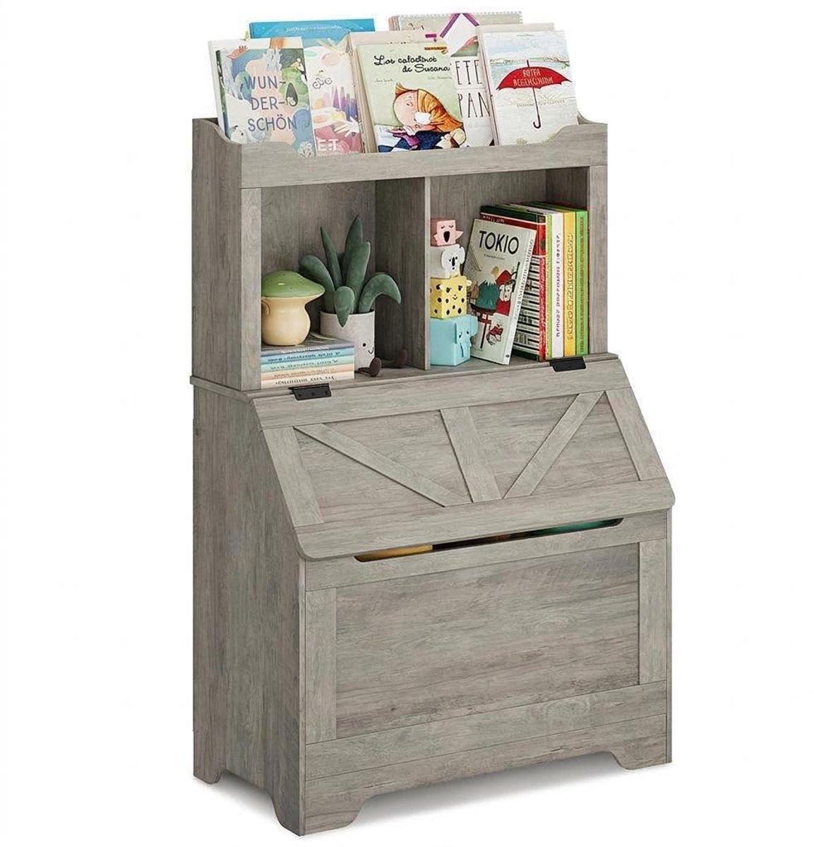 Kinderboekenkast en opbergorganizer met 3 open planken, 2 vakken en draaibaar deksel, multifunctionele boekenkast voor speelkamer, babykamer, slaapkamer en kleuterschool, duurzaam ontwerp
