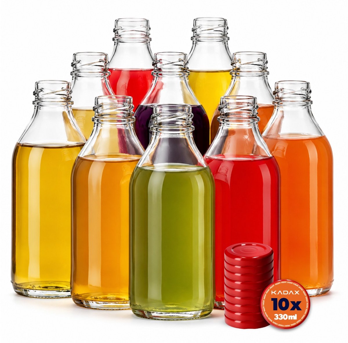 KADAX Set van 10 glazen flessen van 330 ml met schroefdop, rood – Lege flessen om te vullen met sap, likeur, olie, azijn en siroop, hervulbare glazen flessen
