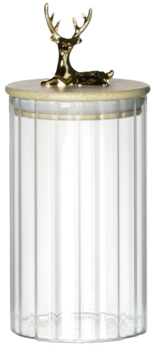 Canister Jar Glass Wooden lid Deer h15,5 d9