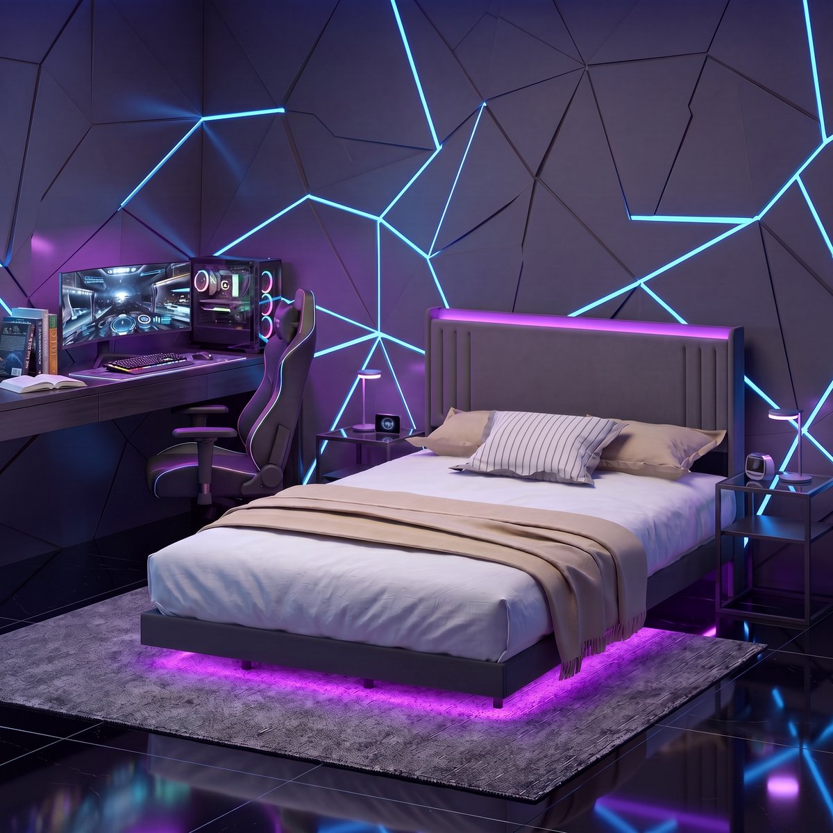 Bealife BF29 Bed - 140 x 200 cm - Gestoffeerd bed - Tweepersoonsbed - Zwevend Design - met LED-Verlichting - USB & Type-C - Donkergrijs