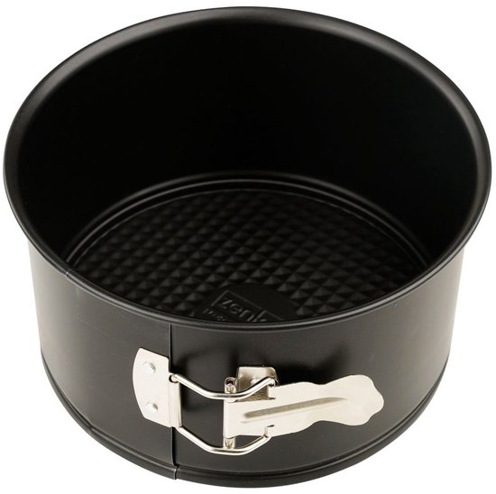 Zwarte ronde springvorm met een zilverkleurige sluiting en geruit patroon op de bodem.