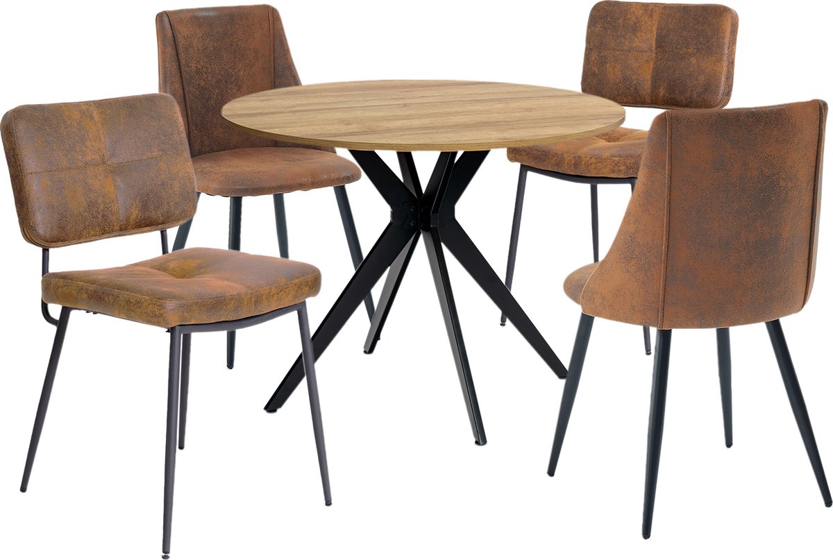 Eethoek - Ronde Eikenlook Tafel En 4 Industriële Mix Stoelen - Bruin