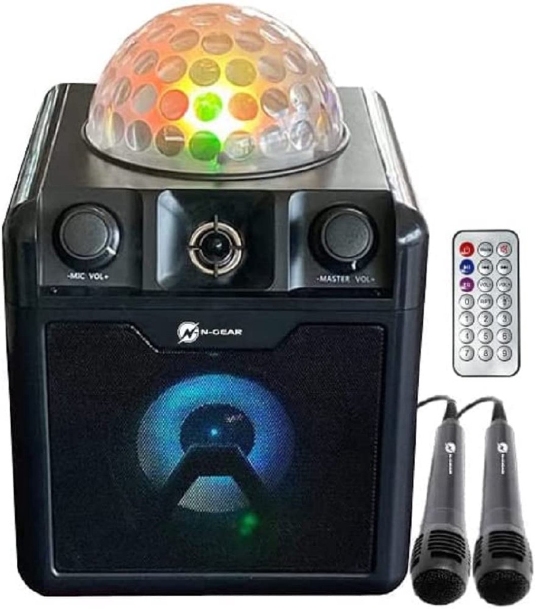 SnelShoppen - Draagbare Bluetooth Party Speaker Karaoke Set 50W met Ingebouwde RGB LED Discobal en 2 Microfoons voor Feest, Camping en Tuin