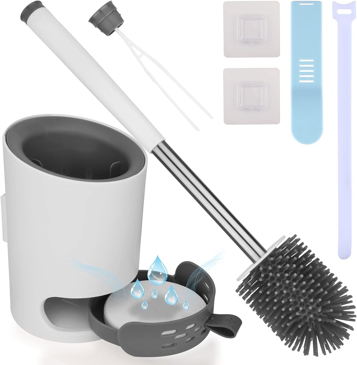 Siliconen Toiletborstel Set - Wit & Grijs - Met Diatomeeën Modderpad - Hygiënische Toiletdekselheffer - Voor Badkamer