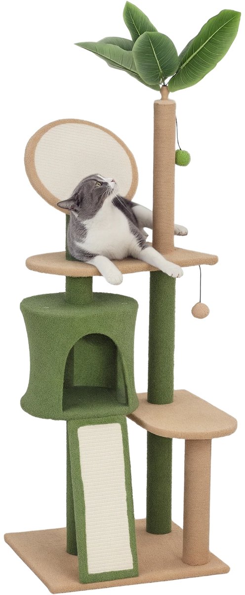 Krabpaal 139 cm – Kattenboom met Katten Cave voor Katten tot 5 kg – Groen