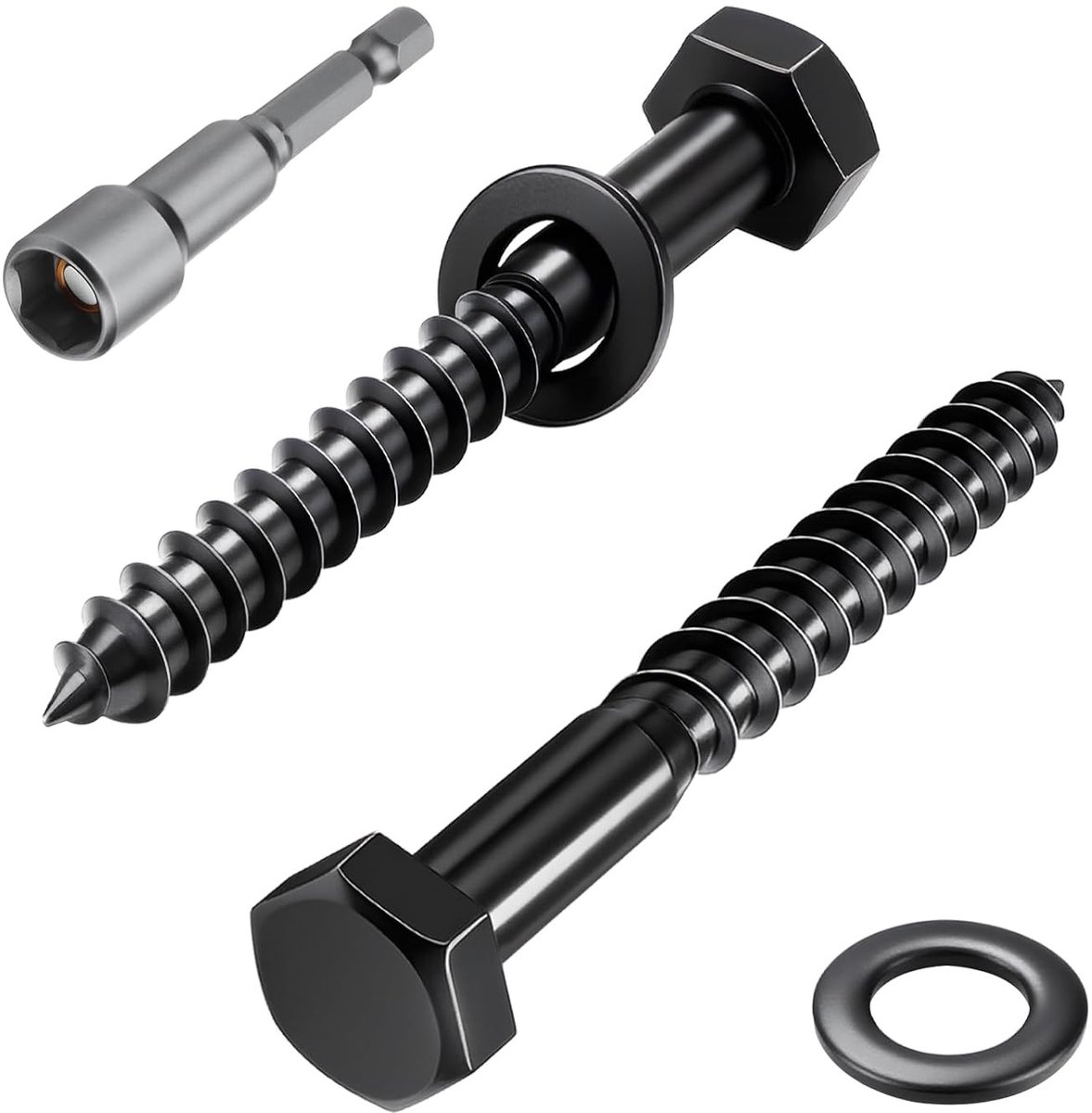 Set van 10 Zwarte Zeskant Houtschroeven M6 x 50 mm met Ringen en Steeksleutel - Roestvrij Staal A2 V2A voor Meubelmontage en Klusprojecten