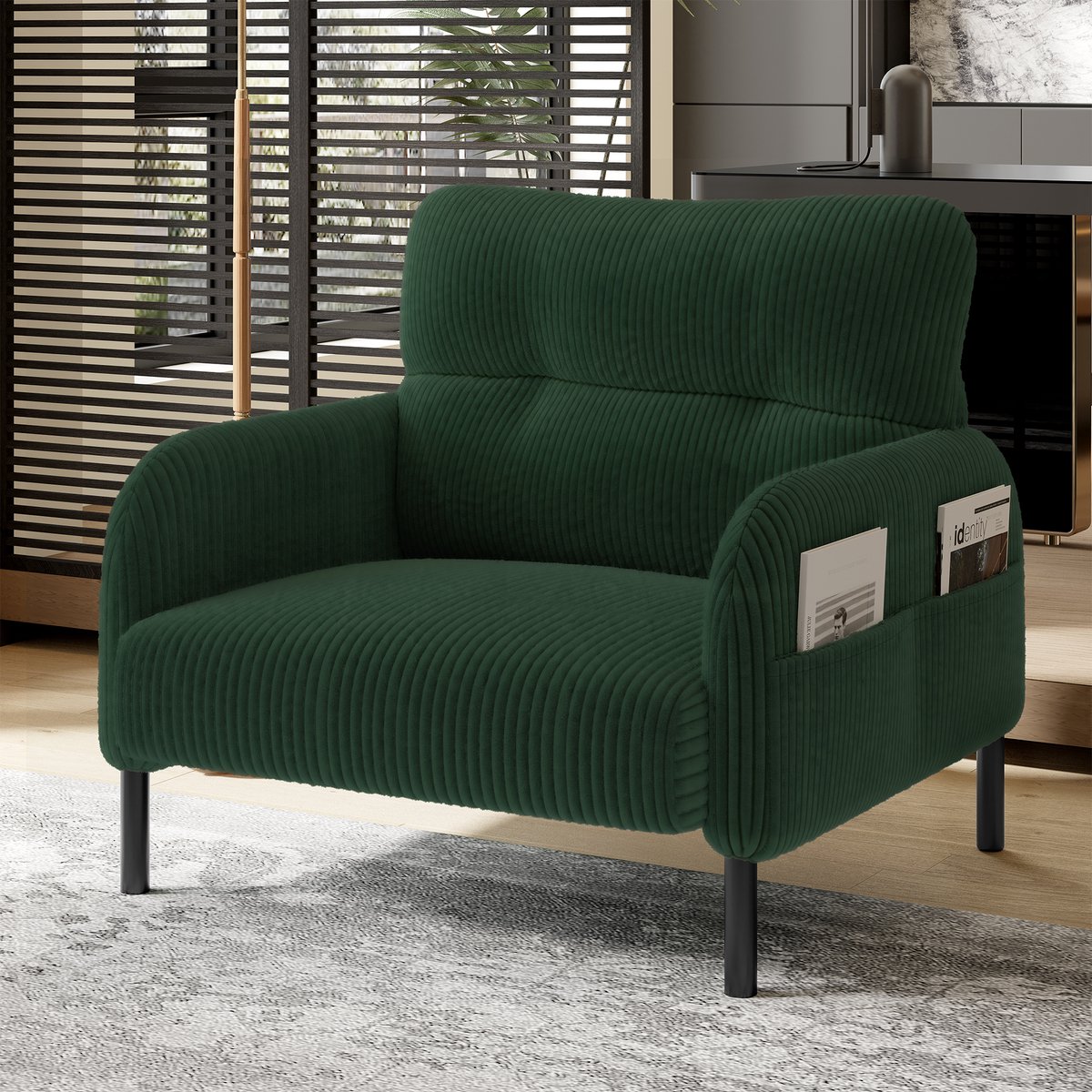 COVREO Fauteuil 67x75x79 cm – emerald cordstof, met armleuningen en zijvak