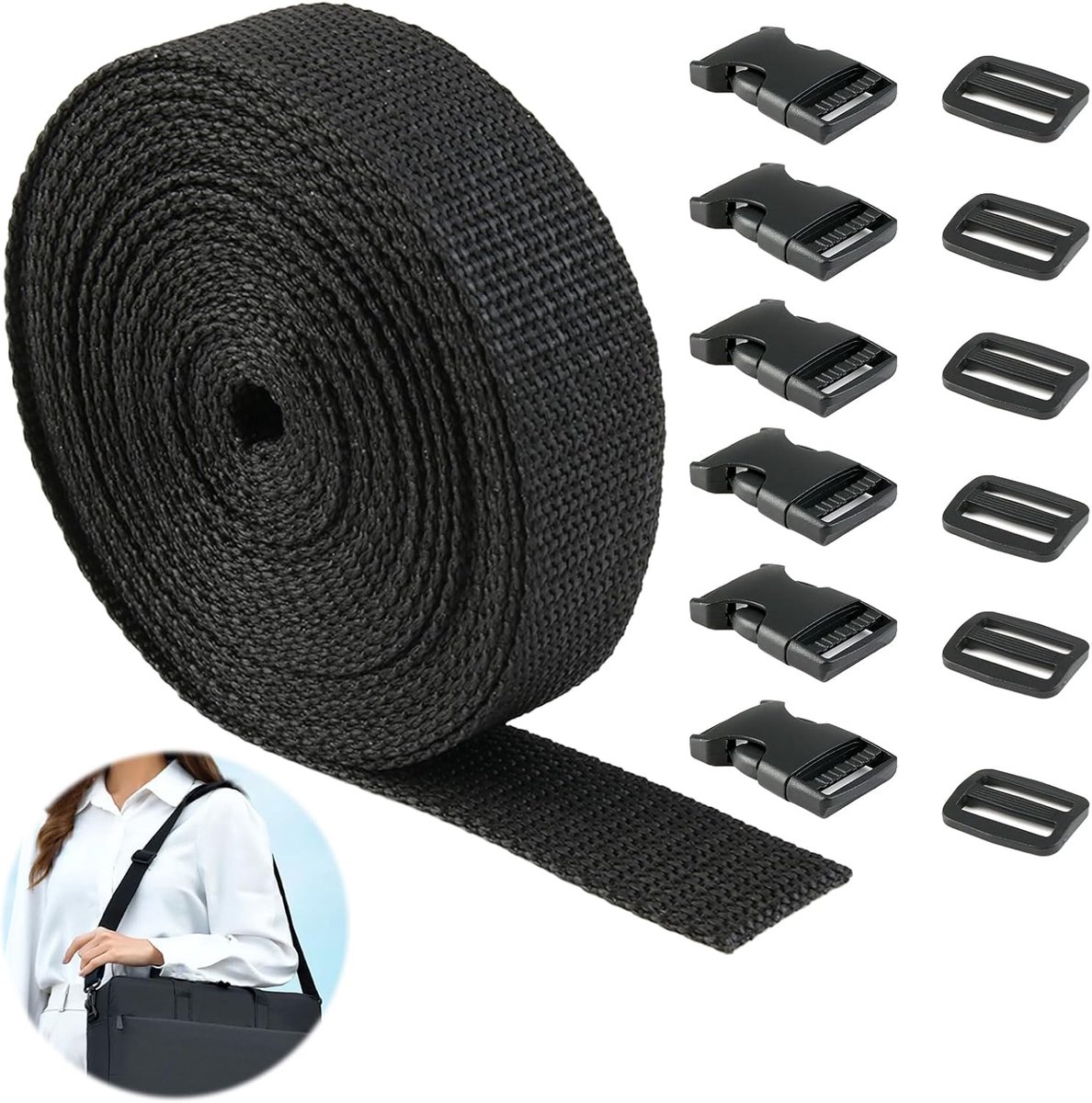 SnelShoppen - Belt Set met Buckles, 6 Meter Lang, 25mm Breed, Robuuste Zwarte PET Straps, Sterke en Duurzame Buckles, 6 x Tri-Glide Slides en Flat Sid