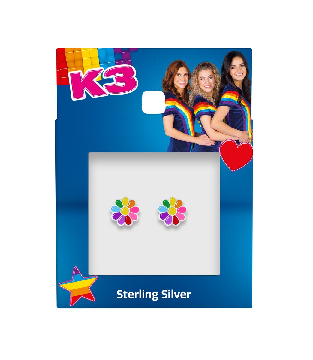 Zilveren oorstekers K3 collectie, bloem met gekleurde blaadjes